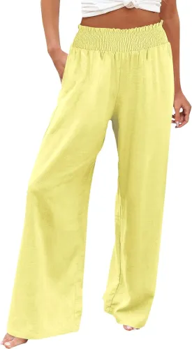 Women Casual Linen Palazzo Pants Fashion Pleated Stretch Waisted Boho Flowy Trousers Outdoor Sports Casual Sweatpants Women Casual Linen Palazzo Pants Fashion Pleated Stretch Waisted Boho Flowy Trousers Outdoor Sports Casual Sweatpants