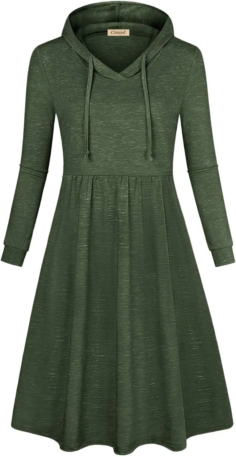 Women's Long Sleeve Pleated Swing Midi Nursing Dress with Hooded