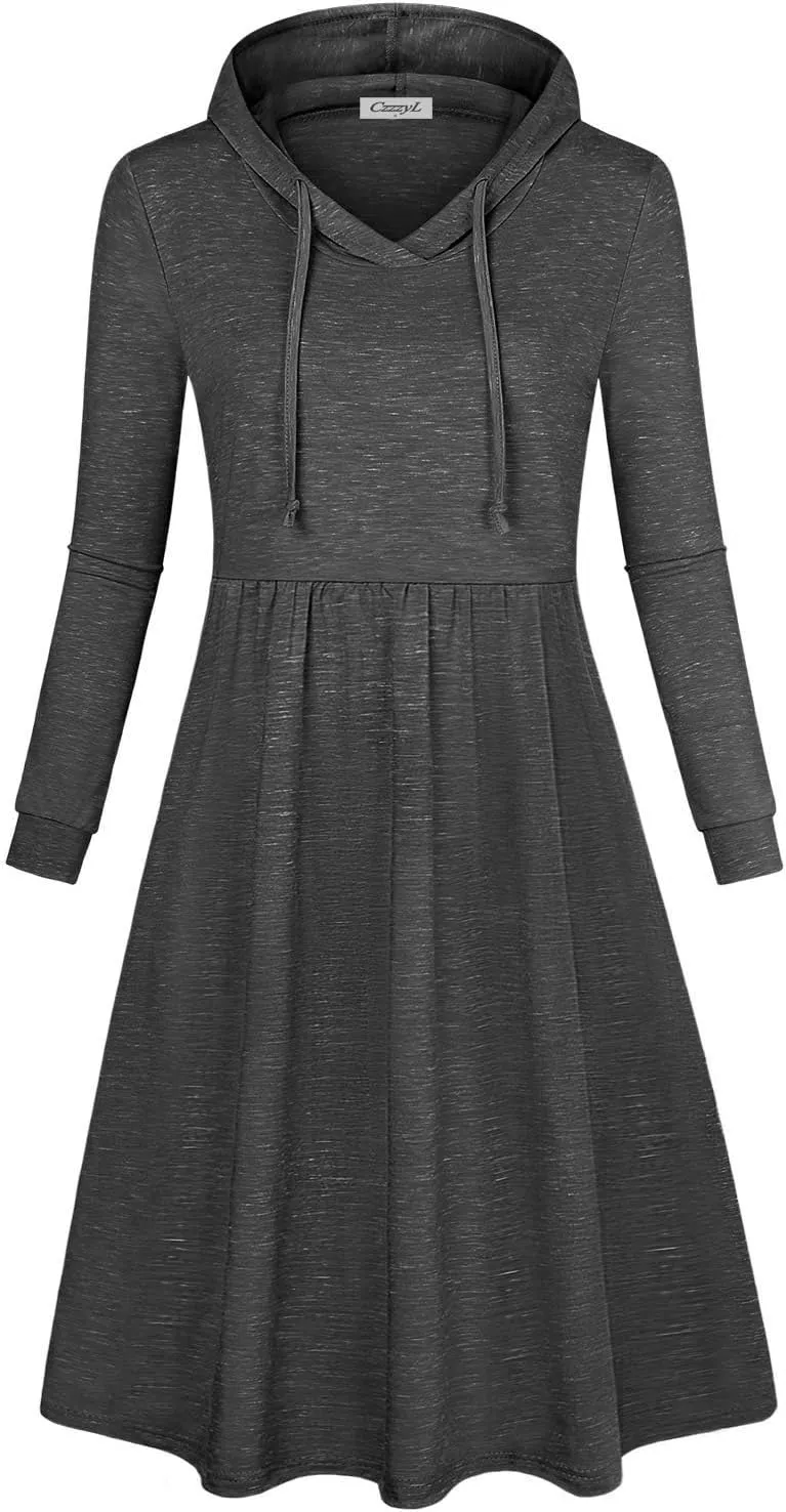 Women's Long Sleeve Pleated Swing Midi Nursing Dress with Hooded