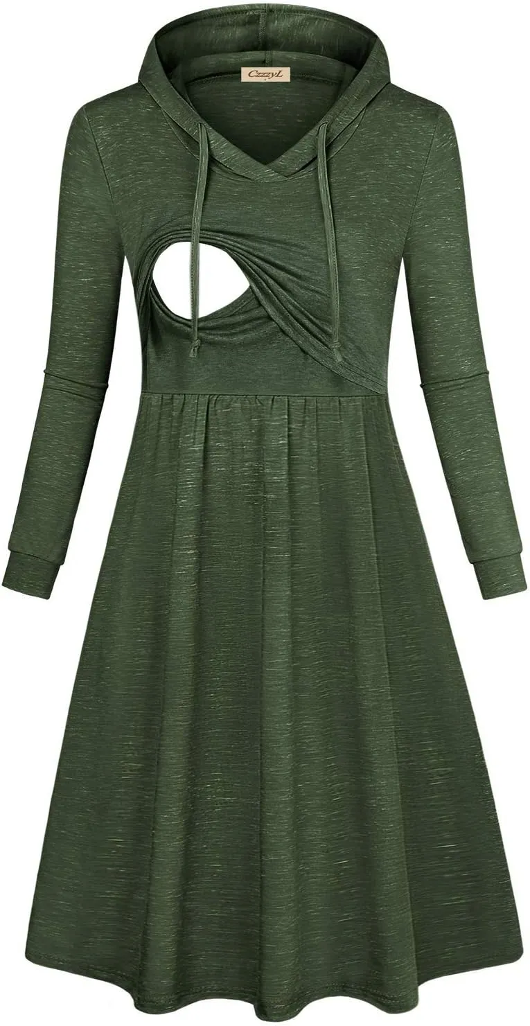 Women's Long Sleeve Pleated Swing Midi Nursing Dress with Hooded
