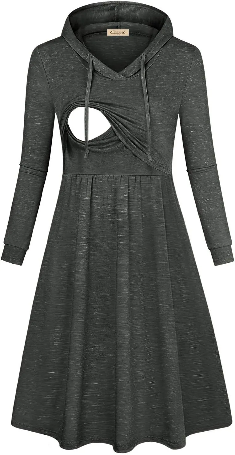 Women's Long Sleeve Pleated Swing Midi Nursing Dress with Hooded