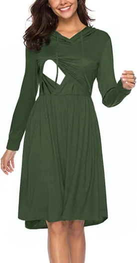 Women's Long Sleeve Pleated Swing Midi Nursing Dress with Hooded