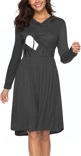 Women's Long Sleeve Pleated Swing Midi Nursing Dress with Hooded