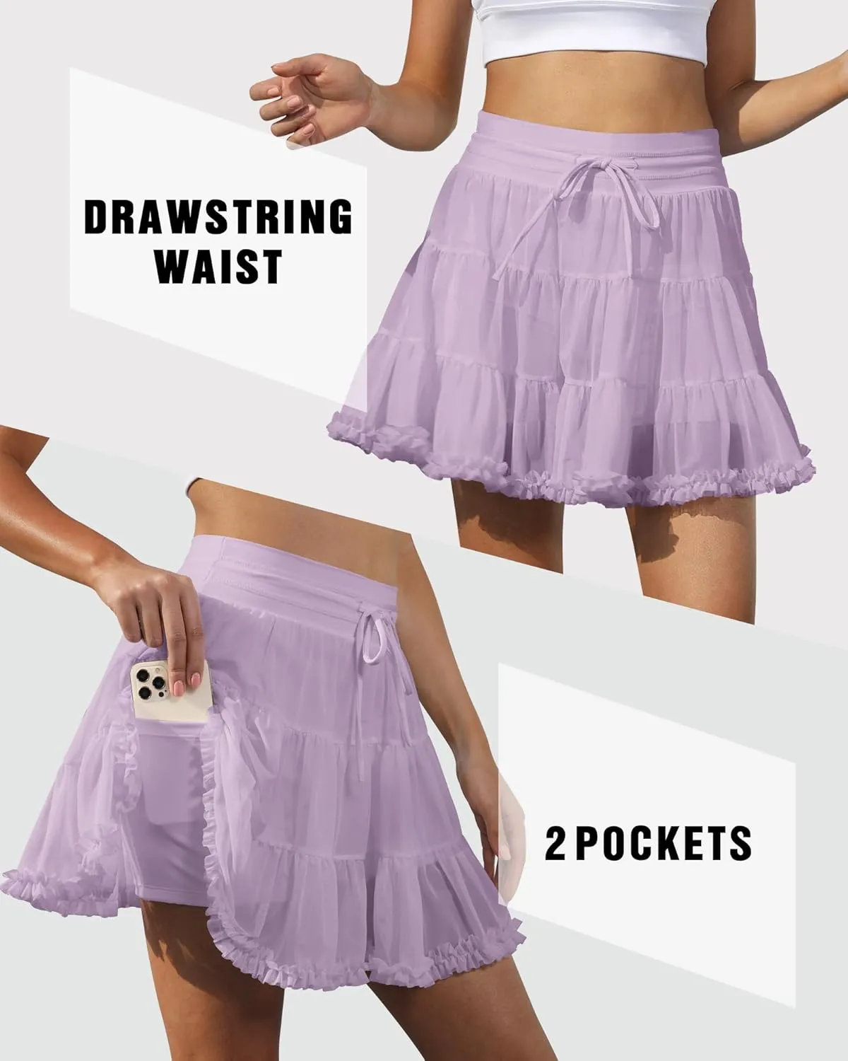 Women's Tennis Skirt with Shorts High Waisted Golf Athletic Skirts with 2 Pockets Pleated Tulle Skort Ruffle