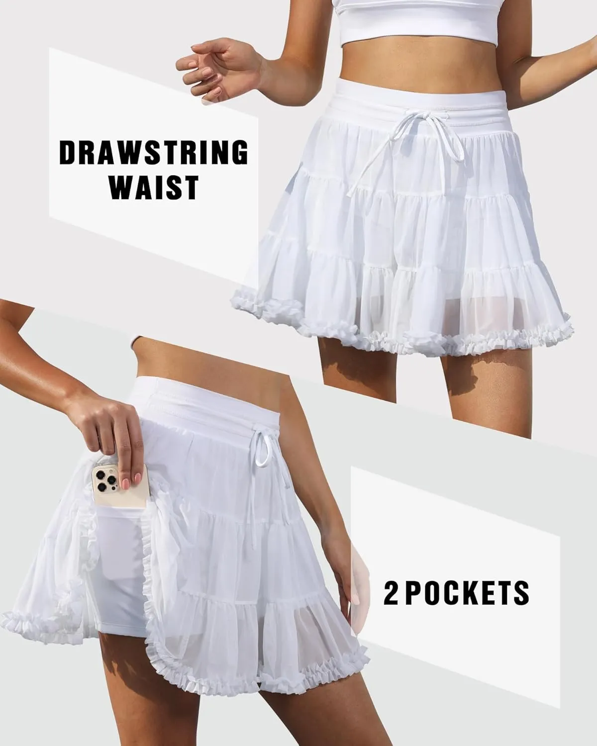 Women's Tennis Skirt with Shorts High Waisted Golf Athletic Skirts with 2 Pockets Pleated Tulle Skort Ruffle